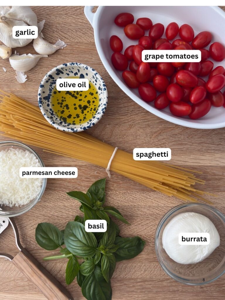 Overhead shot of the ingredents to make Burrat pasta