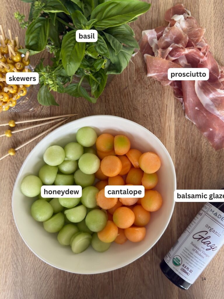 Prosciutto and melon skewers with fresh basil, honeydew, cantaloupe, and balsamic glaze
