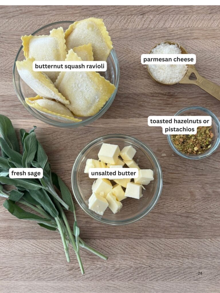 Overhead shot of ingreditents to make butternut squash ravioli with brown butter sauce.