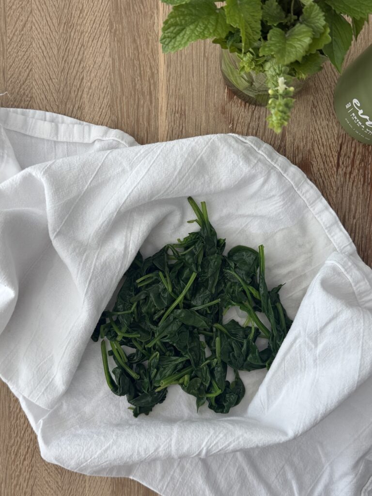 Cooked spinach is drained in a white cloth, prepared for making homemade spinach and ricotta gnocchi.