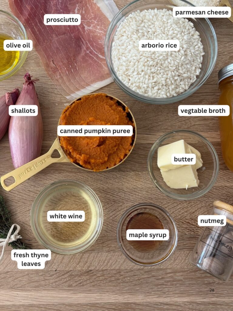 Ingredients for pumpkin risotto including Arborio rice, pumpkin puree, shallots, white wine, thyme, and Parmesan cheese.