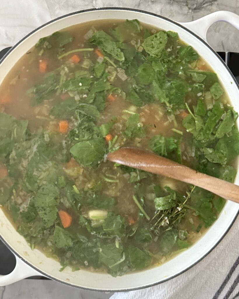 Italian chicken gnocchi soup in a white Dutch oven with chicken, carrots, spinach, and broth.
