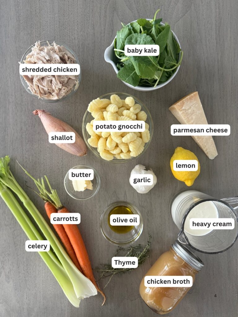 Italian chicken gnocchi soup ingredients arranged on a gray board, including shredded chicken, potato gnocchi, baby kale, carrots, celery, shallot, garlic, chicken broth, Parmesan cheese, lemon, thyme, butter, olive oil, and heavy cream.