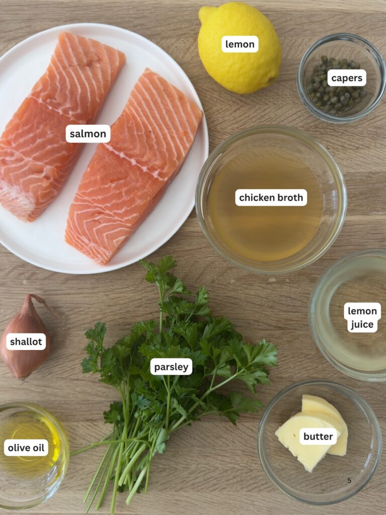 ingredients for salmon piccata with lemon, capers, shallotts, olive oil, parsley, and chicken broth