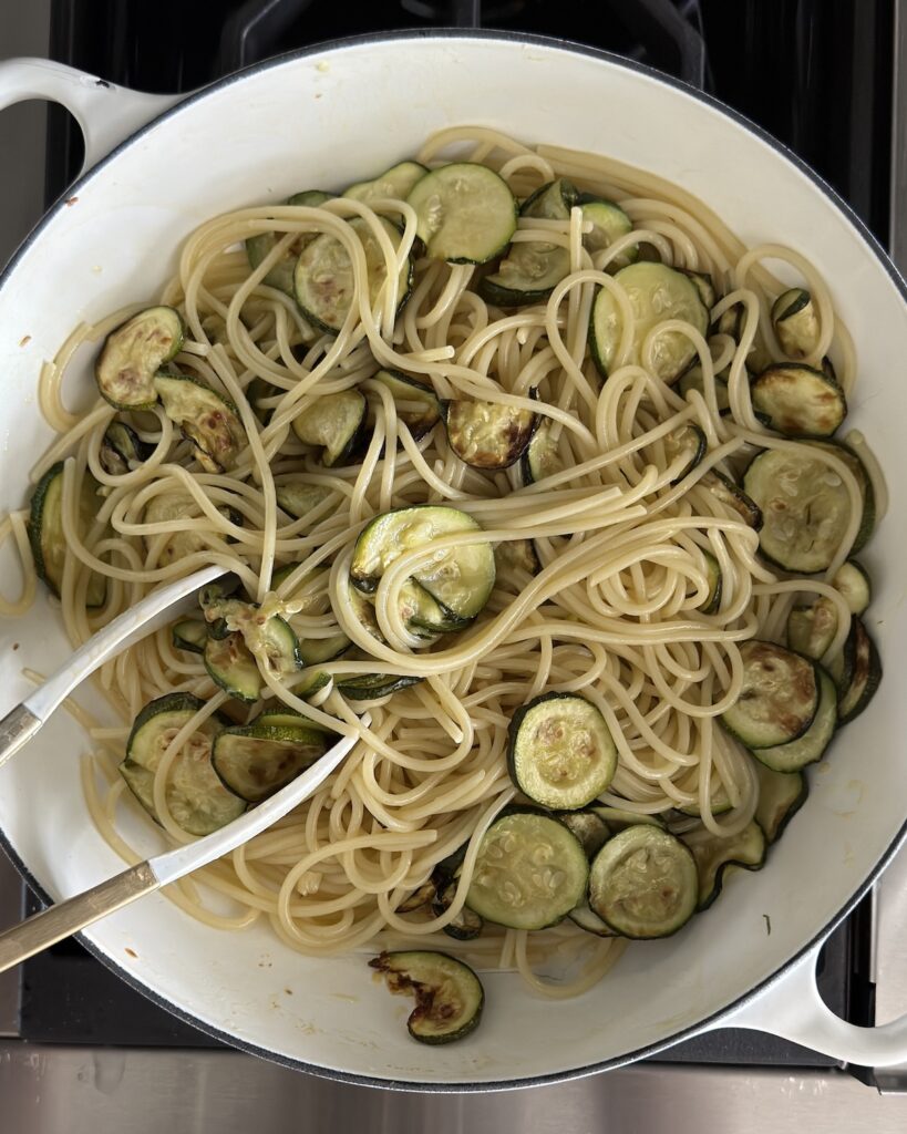 Spaghetti tossed with roasted zucchini, olive oil, garlic, and fresh herbs for zucchini pasta.