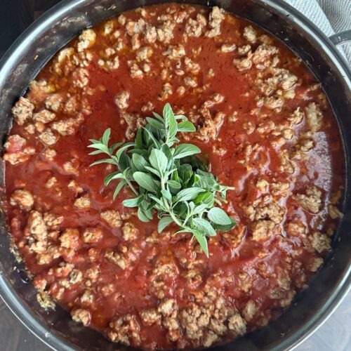 Chicken Bolognese sauce made with ground chicken and Italian sausage simmered in a rich tomato sauce with fresh oregano.