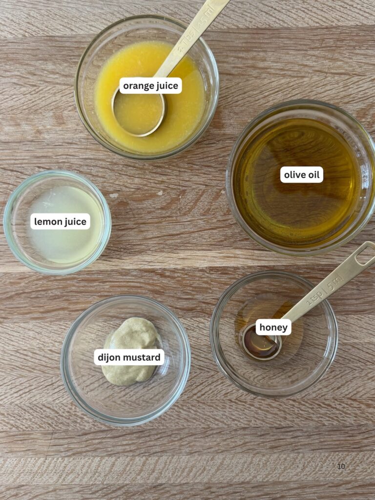 Pastina salad dressing ingredients with orange juice, lemon juice, olive oil, Dijon mustard, and honey
