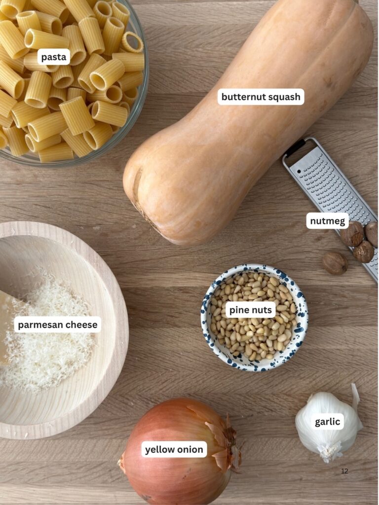 Labeled ingredients for butternut squash pasta: rigatoni, butternut squash, Parmesan cheese, nutmeg, pine nuts, yellow onion, and garlic.
