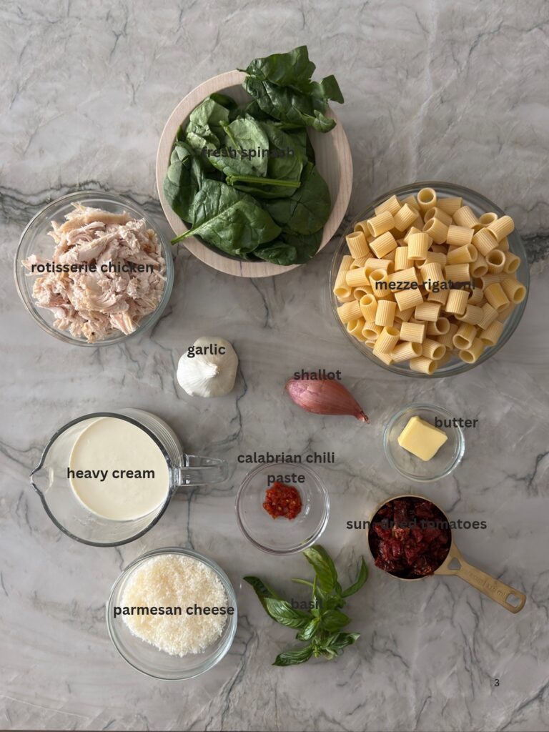 Labeled ingredients for creamy chicken sun-dried tomato pasta: mezze rigatoni, rotisserie chicken, spinach, heavy cream, Parmesan, sun-dried tomatoes, garlic, shallot, butter, Calabrian chili paste, and basil.